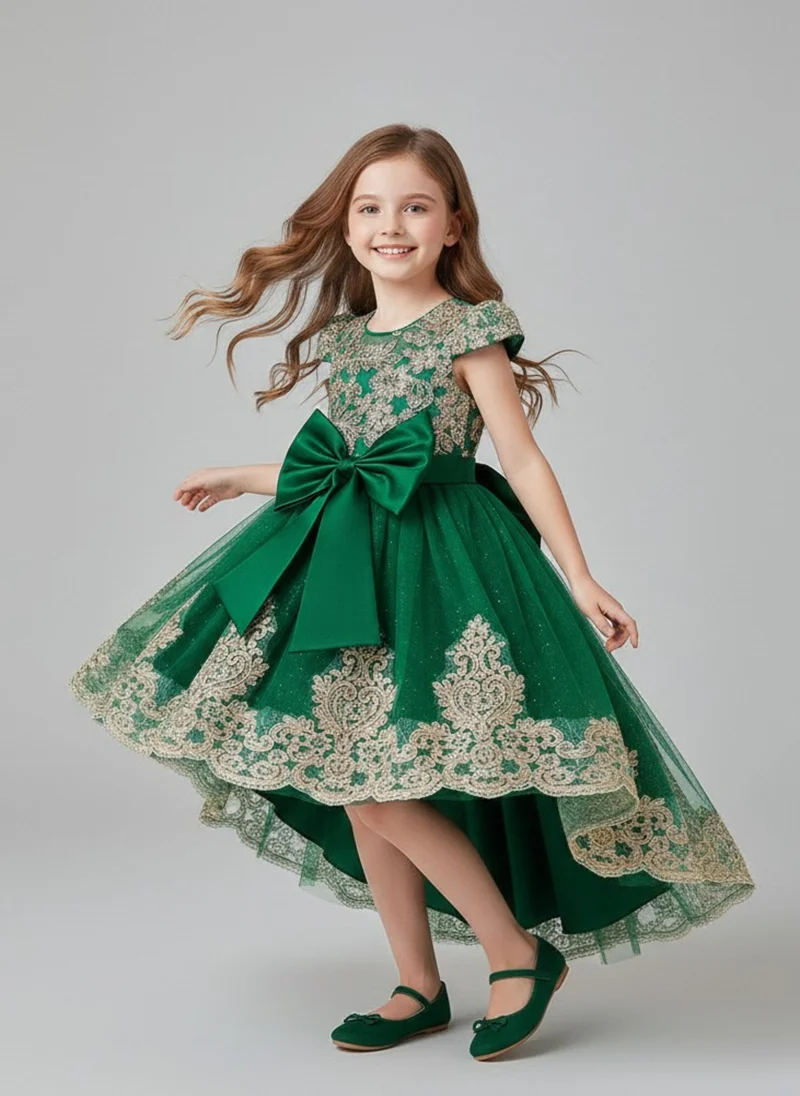 babyqlo Girls Green Embroidered Bow Party Dress
